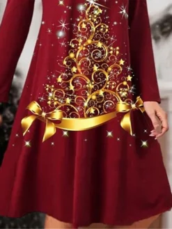 Women's Casual Dress Christmas Dress Winter Dress Christmas Tree Patchwork Button Turtleneck Midi Dress Active Fashion Outdoor Christmas Long Sleeve Regular Fit Wine Fall Winter S M L XL XXL -Fashion Life Shop htozcg1697004765807