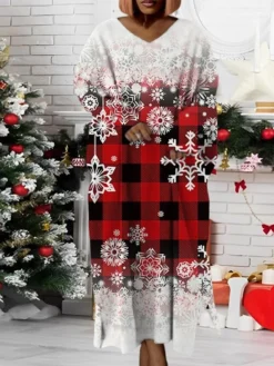 Women‘s Plus Size Christmas Dress Santa Claus V Neck Long Sleeve Winter Fall Modern Maxi Long Dress Daily Dress -Fashion Life Shop huauxc1668158254727