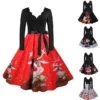 Women's Christmas Knee Length Dress Gray White Black Red Brown Long Sleeve Print Bow Print Fall Winter V Neck Casual Vintage2021 S M L XL XXL 3XL