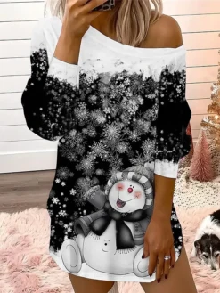 Women's Casual Dress Christmas Dress Sweatshirt Dress Snowman Snowflake Cold Shoulder Print One Shoulder Mini Dress Fashion Streetwear Outdoor Christmas Long Sleeve Loose Fit Black Red Blue Fall -Fashion Life Shop hueeoy1695111672308