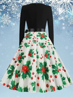 Women's Christmas Swing Dress Vintage DressKnee Length Dress Green Blue Wine Light Red Dark Green Red Long Sleeve Floral Snowman Tree Bow Print Fall Winter V Neck Vintage Fashion Casual 2022 S M L -Fashion Life Shop huidtj1668077086907