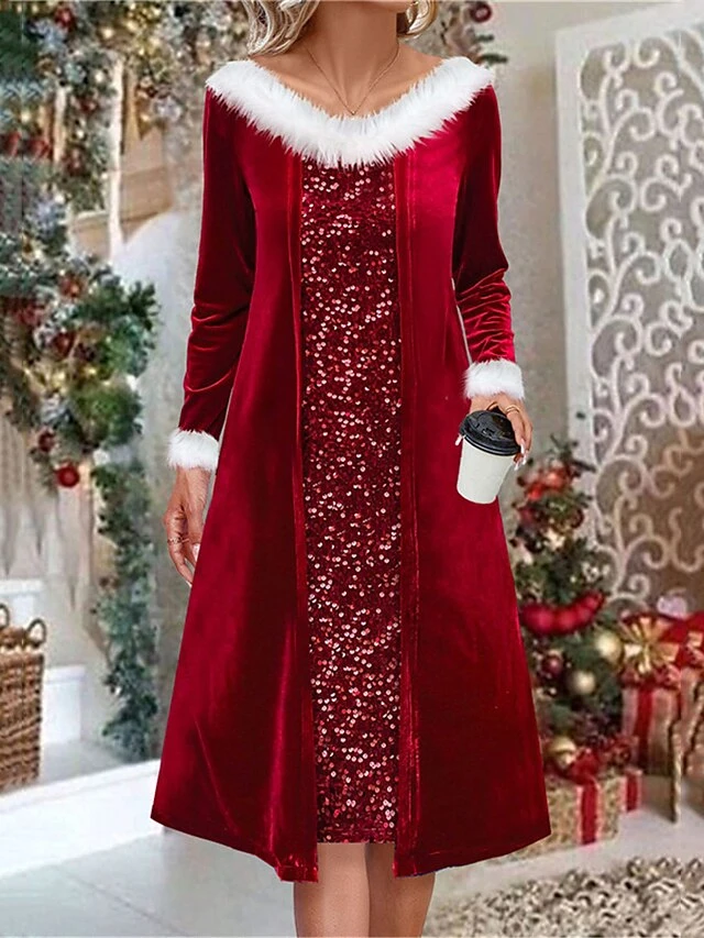 Women's Winter Dress Christmas Dress Velvet Dress Midi Dress Patchwork Fake Two Piece Christmas Daily Date Fashion Modern V Neck Long Sleeve 2023 Regular Fit Wine Color S M L XL XXL Size 2 Women's Winter Dress Christmas Dress Velvet Dress Midi Dress Patchwork Fake Two Piece Christmas Daily Date Fashion Modern V Neck Long Sleeve 2023 Regular Fit Wine Color S M L XL XXL Size - Image 2