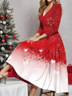 Women's Casual Dress Christmas Dress Winter Dress Snowflake Ombre Print V Neck Midi Dress Fashion Streetwear Outdoor Christmas 3/4 Length Sleeve Regular Fit Wine Fall Winter S M L XL XXL