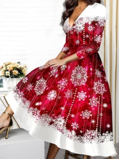 Women's Casual Dress Christmas Dress Winter Dress Snowflake Print V Neck Midi Dress Fashion Streetwear Outdoor Christmas 3/4 Length Sleeve Regular Fit Red Blue Green Fall Winter S M L XL XXL