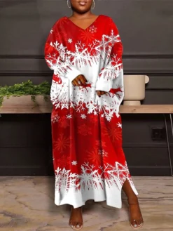 Women's Christmas Plus Size Curve Casual Dress Winter Dress Snowflake Long Dress Maxi Dress Long Sleeve Print V Neck Fashion Outdoor Red Blue Fall Winter L XL XXL 3XL 4XL