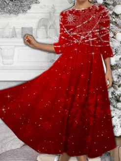 Women's Casual Dress Swing Dress Midi Dress Wine Blue Purple 3/4 Length Sleeve Christmas Tree Ruched Spring Fall Winter Crew Neck Fashion Christmas 2023 S M L XL XXL 3XL 4XL 5XL