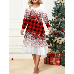 Women's Christmas Plus Size Curve Casual Dress Skater Dress A Line Dress Plaid Snowflake Midi Dress Long Sleeve Print Crew Neck Fashion Outdoor White Wine Fall Winter L XL XXL 3XL 4XL -Fashion Life Shop hwwmez1695640739928
