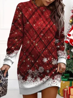 Women's Christmas Casual Dress Sweatshirt Dress Mini Dress Warm Fashion OutdoorVacation Crew Neck Print Geometric Santa Claus Loose Fit Wine Red Burgundy S M L XL XXL