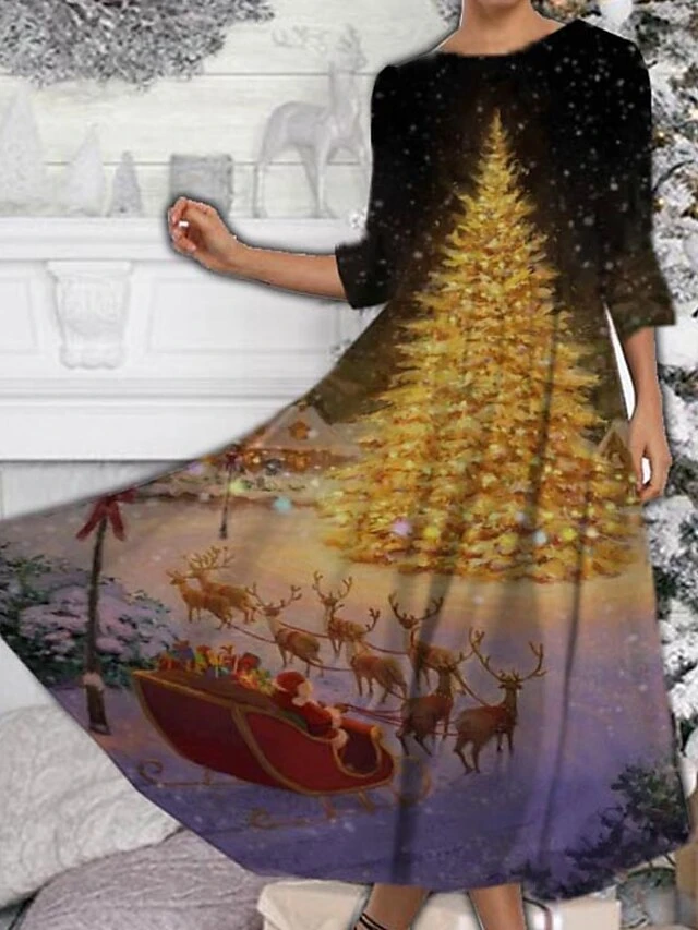 Women's Casual Dress Swing Dress Midi Dress Wine Blue Purple 3/4 Length Sleeve Christmas Tree Ruched Spring Fall Winter Crew Neck Fashion Christmas 2023 S M L XL XXL 3XL 4XL 5XL 4 Women's Casual Dress Swing Dress Midi Dress Wine Blue Purple 3/4 Length Sleeve Christmas Tree Ruched Spring Fall Winter Crew Neck Fashion Christmas 2023 S M L XL XXL 3XL 4XL 5XL - Image 4