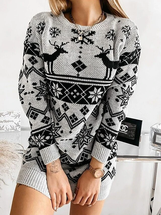 Women‘s Christmas Sweater Dress Jumper Dress Winter Dress Fashion Ugly Christmas Christmas Daily Vacation Going Out Crew Neck Long Sleeve Patchwork 2023 Loose Fit Black Wine Gray S M L 2 Women‘s Christmas Sweater Dress Jumper Dress Winter Dress Fashion Ugly Christmas Christmas Daily Vacation Going Out Crew Neck Long Sleeve Patchwork 2023 Loose Fit Black Wine Gray S M L - Image 2