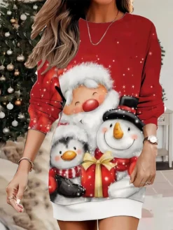 Women's Christmas Casual Dress Sweatshirt Dress Mini Dress Warm Fashion Outdoor Vacation Crew Neck Print Santa Claus Snowman Loose Fit White Wine Rusty Red S M L XL XXL -Fashion Life Shop hzcuhz1695365440674