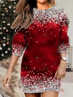 Women's Christmas Casual Dress Sweatshirt Dress Mini Dress Warm Fashion OutdoorVacation Crew Neck Print Snowflake Loose Fit Wine Blue Purple S M L XL XXL