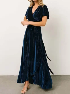 Women's Christmas Dress Casual Dress Velvet Dress Long Dress Maxi Dress Lace Up Outdoor Christmas Daily Fashion Elegant V Neck Short Sleeve 2023 Slim Black Wine Dark Blue Color S M L XL XXL Size -Fashion Life Shop hzztqn1693897257238