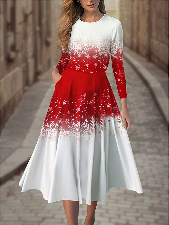 Women's Casual Dress Christmas Dress Winter Dress Snowflake Pocket Print Crew Neck Midi Dress Fashion Streetwear Outdoor Christmas Long Sleeve Regular Fit White Wine Fall Winter S M L XL XXL 3 Women's Casual Dress Christmas Dress Winter Dress Snowflake Pocket Print Crew Neck Midi Dress Fashion Streetwear Outdoor Christmas Long Sleeve Regular Fit White Wine Fall Winter S M L XL XXL - Image 3