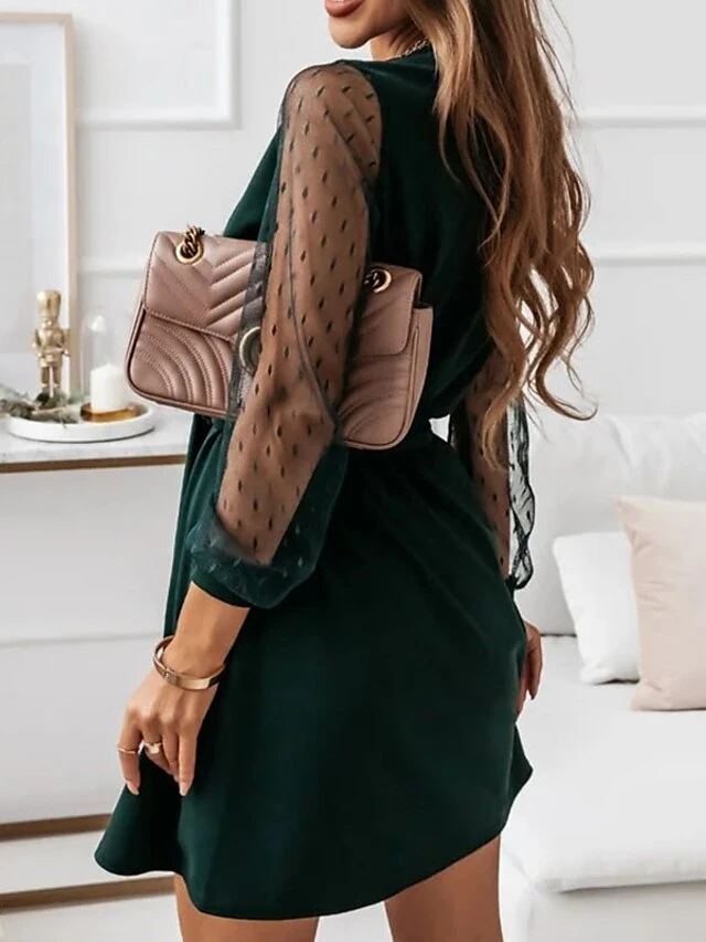 Women's Lace Dress Black Dress Plain Dress Mini Dress Patchwork With Belt Party Christmas Date Basic Elegant V Neck Long Sleeve Mesh Regular Fit Black Red Dark Green Color S M L XL XXL Size 8 Women's Lace Dress Black Dress Plain Dress Mini Dress Patchwork With Belt Party Christmas Date Basic Elegant V Neck Long Sleeve Mesh Regular Fit Black Red Dark Green Color S M L XL XXL Size - Image 8