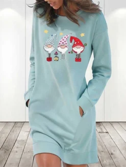 Women's Christmas Hoodie Dress Winter Dress Light Blue Grey White Long Sleeve Santa Claus Pocket Print Winter Fall Crew Neck Stylish Casual Loose Fit 2022 S M L XL 2XL / Cotton