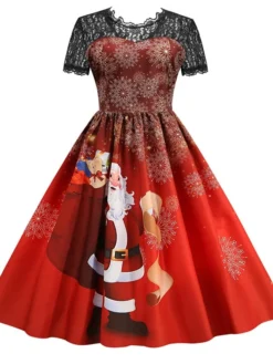 Women's Christmas Knee Length Dress Blue Purple Wine Green Black Red Short Sleeve Print Lace Print Fall Winter Round Neck CasualRegular Fit 2021 S M L XL XXL 3XL -Fashion Life Shop ibjrqe1632737574564