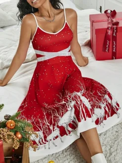 Women's Casual Dress Christmas Dress Winter Dress Leopard Deer Ruched Backless Strap Midi Dress Fashion Streetwear Outdoor Christmas Sleeveless Regular Fit Black Red Green Fall Winter S M L XL XXL