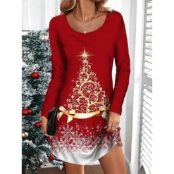 Women's Casual Dress Christmas Dress T Shirt Dress Tee Dress Christmas Tree Print V Neck Mini Dress Fashion Streetwear Outdoor Christmas Long Sleeve Loose Fit Wine Blue Green Fall Winter S M L XL XXL