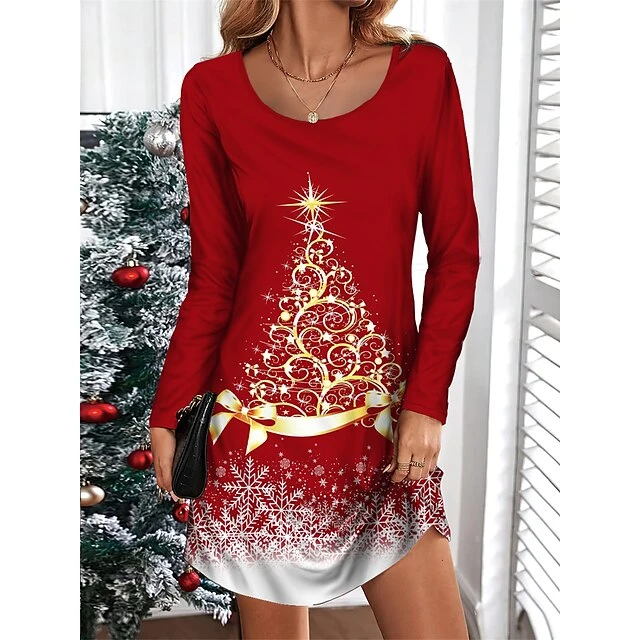 Women's Casual Dress Christmas Dress T Shirt Dress Tee Dress Christmas Tree Print V Neck Mini Dress Fashion Streetwear Outdoor Christmas Long Sleeve Loose Fit Wine Blue Green Fall Winter S M L XL XXL 1 Women's Casual Dress Christmas Dress T Shirt Dress Tee Dress Christmas Tree Print V Neck Mini Dress Fashion Streetwear Outdoor Christmas Long Sleeve Loose Fit Wine Blue Green Fall Winter S M L XL XXL