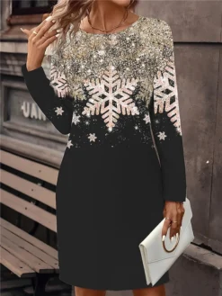 Women's Christmas Dress Casual Dress Mini Dress Active Fashion Outdoor Christmas Holiday Crew Neck Print Snowflake Loose Fit Silver Blue Gold S M L XL XXL