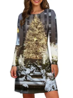 Women's Christmas Casual Dress T Shirt Dress Tee Dress Mini Dress Black Blue Gold Long Sleeve Tree Print Winter Fall Spring Crew Neck Fashion Daily Vacation Loose Fit 2022 S M L XL XXL 3XL -Fashion Life Shop idbmng1667542264575