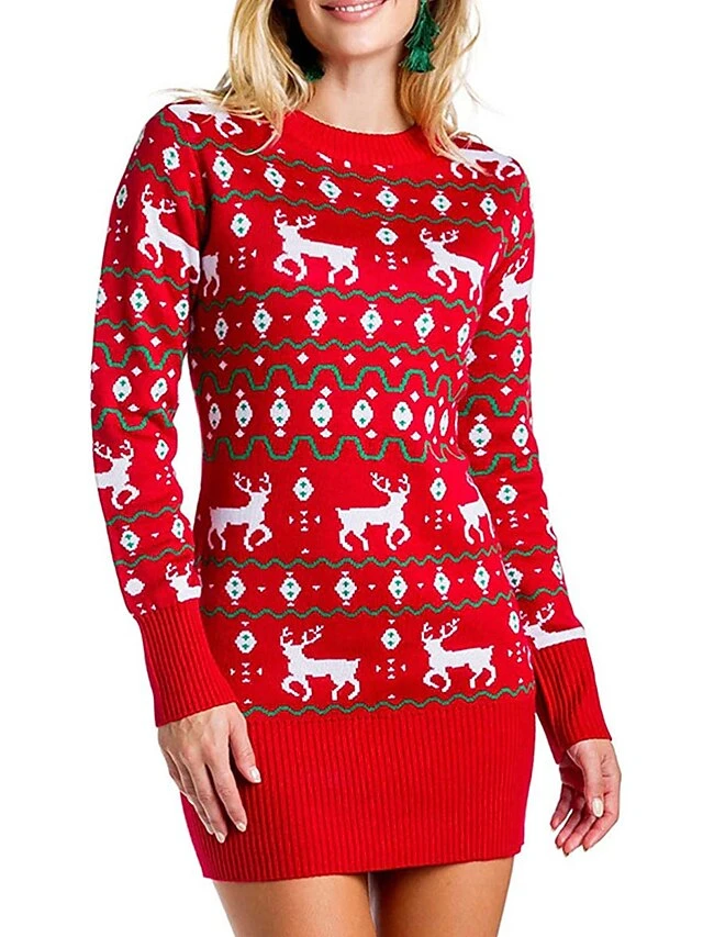 Women‘s Christmas Sweater Dress Jumper Dress Winter Dress Fashion Tree Deer Outdoor Christmas Daily Vacation Crew Neck Long Sleeve Patchwork 2023 Regular Fit Red Blue S M L 2 Women‘s Christmas Sweater Dress Jumper Dress Winter Dress Fashion Tree Deer Outdoor Christmas Daily Vacation Crew Neck Long Sleeve Patchwork 2023 Regular Fit Red Blue S M L - Image 2
