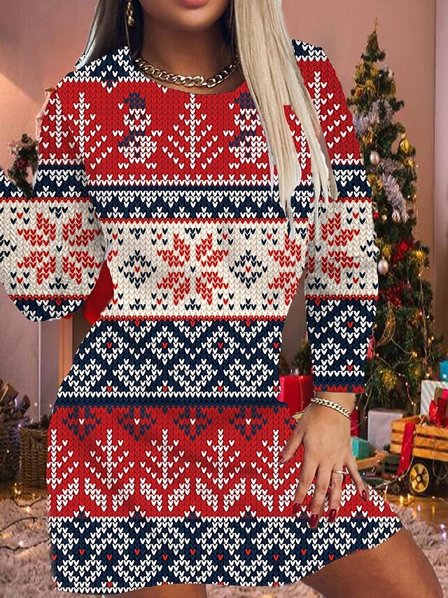 Women's Christmas Bodycon Print Dress Mini Dress Light Red Red Black Long Sleeve Elk Tree Snowflake Print Winter Autumn Crew Neck Fashion Casual 2022 S M L XL 2XL 3XL 4XL 5XL 6XL 3 Women's Christmas Bodycon Print Dress Mini Dress Light Red Red Black Long Sleeve Elk Tree Snowflake Print Winter Autumn Crew Neck Fashion Casual 2022 S M L XL 2XL 3XL 4XL 5XL 6XL - Image 3