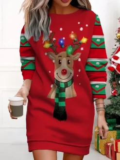 Women's Christmas Casual Dress Sweatshirt Dress Mini Dress Warm Fashion Outdoor Vacation Crew Neck Print Santa Claus Loose Fit ArmyGreen Light Green Wine S M L XL XXL -Fashion Life Shop idkzat1695377418896