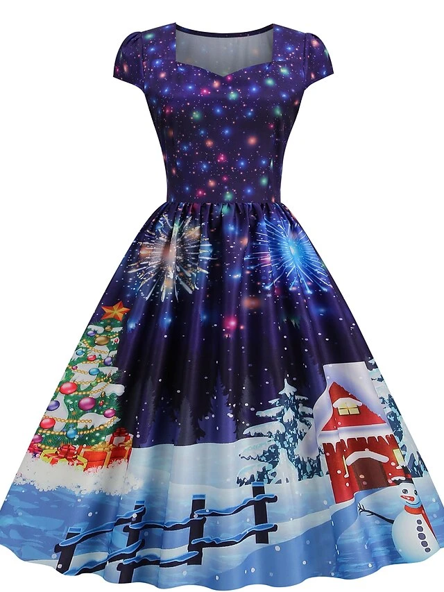 Women's Christmas Swing Dress Vintage DressKnee Length Dress Blue Wine Red Light BlueShort Sleeve Santa Claus Snowman Tree Print Fall Winter Square Neck Vintage Elegant Slim 2022 S M L XL 16 Women's Christmas Swing Dress Vintage DressKnee Length Dress Blue Wine Red Light BlueShort Sleeve Santa Claus Snowman Tree Print Fall Winter Square Neck Vintage Elegant Slim 2022 S M L XL - Image 16
