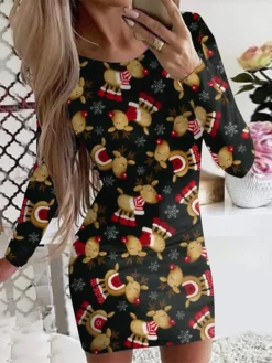 Women's Christmas Casual Dress BodyconShort Mini Dress Green Blue Red Light Blue Black Long Sleeve Polka Dot Santa Claus Elk Print Fall Winter Crew Neck Casual Sexy 2022 S M L XL XXL -Fashion Life Shop ifcdqb1665483327338