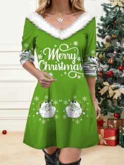 Women's Casual Dress Christmas Dress Winter Dress Letter Santa Claus Print V Neck Mini Dress Active Fashion Outdoor Christmas Long Sleeve Regular Fit Black Wine Blue Fall Winter S M L XL XXL -Fashion Life Shop ifnzzd1697524005343