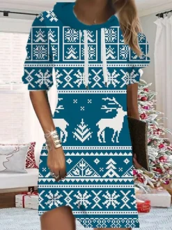 Women's Christmas Hoodie Dress Shift Dress Mini Dress Blue Gold Wine Long Sleeve Plaid Print Fall Spring Hooded Fashion Christmas Daily Loose Fit 2022 S M L XL XXL 3XL