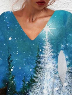 Women's Christmas Casual Dress T Shirt Dress Tee Dress Mini Dress Blue Long Sleeve Tree Pocket Print Winter Fall V Neck Vacation Casual 2022 S M L XL XXL 3XL -Fashion Life Shop ifpxhq1667368414145