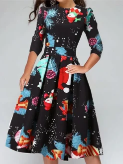 Women's Christmas Knee Length Dress Blue Orange Red Light Green Light Blue 3/4 Length Sleeve Floral Snowflake Animal Print Fall Winter Crew Neck Casual 2021 S M L XL XXL -Fashion Life Shop ifsavw1637745130867