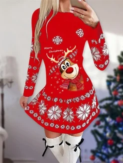 Women's Christmas Casual Dress Shift DressShort Mini Dress Green Black Red Long Sleeve Animal Snowflake Print Fall Winter Crew Neck Fashion Casual Loose Fit 2022 S M L XL XXL 3XL