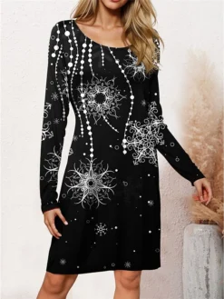 Women's Casual Dress Christmas Dress Winter Dress Snowflake Print V Neck Mini Dress Fashion Streetwear Outdoor Christmas Long Sleeve Loose Fit Black Wine Blue Fall Winter S M L XL XXL -Fashion Life Shop igfrmw1696837923698