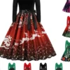Women's Christmas Party Dress Swing DressKnee Length Dress Green Purple Wine Red Black Long Sleeve Santa Claus Elk Snowman Print Fall Winter V Neck Vintage Party Elegant Party 2022 S M L XL XXL 3XL
