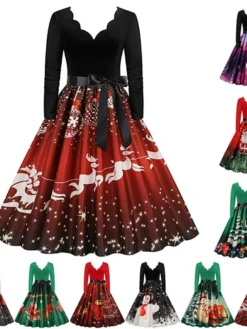 Women's Christmas Party Dress Swing DressKnee Length Dress Green Purple Wine Red Black Long Sleeve Santa Claus Elk Snowman Print Fall Winter V Neck Vintage Party Elegant Party 2022 S M L XL XXL 3XL