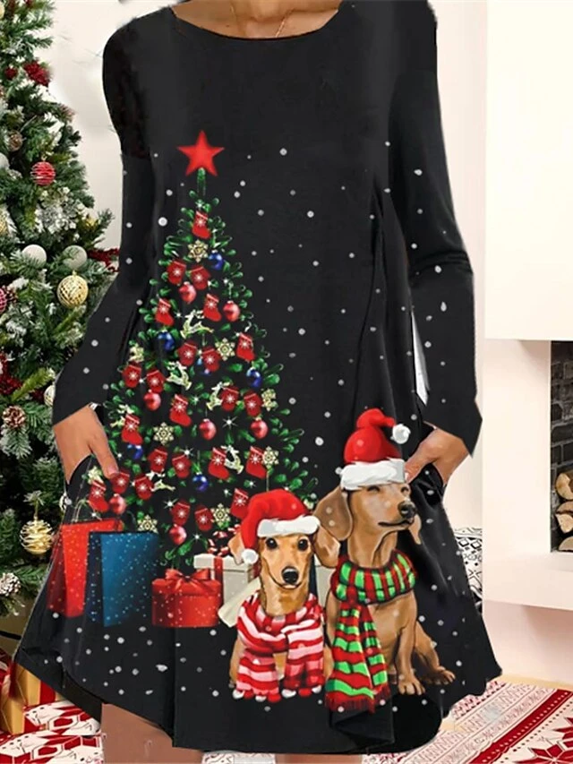 Women's Christmas Casual Dress T Shirt Dress Tee Dress Shift Dress Mini Dress Green Black Blue Long Sleeve Cat Pocket Winter Fall Autumn Crew Neck Fashion Christmas Daily 2022 S M L XL XXL 3XL 2 Women's Christmas Casual Dress T Shirt Dress Tee Dress Shift Dress Mini Dress Green Black Blue Long Sleeve Cat Pocket Winter Fall Autumn Crew Neck Fashion Christmas Daily 2022 S M L XL XXL 3XL - Image 2