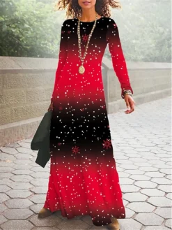 Women's Casual Dress Christmas Dress Winter Dress Snowflake Ombre Print Crew Neck Long Dress Maxi Dress Fashion Streetwear Outdoor Christmas Long Sleeve Regular Fit Wine Fall Winter S M L XL XXL