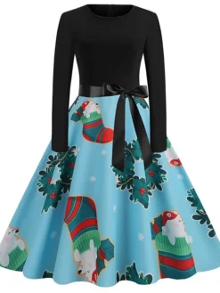 Women's Christmas Casual Dress Swing Dress Vintage Dress Midi Dress Green Blue Light Red Long Sleeve Santa Claus Bow Winter Fall Autumn V Neck Slim 2022 S M L XL XXL 3XL -Fashion Life Shop ikawuj1666776947890
