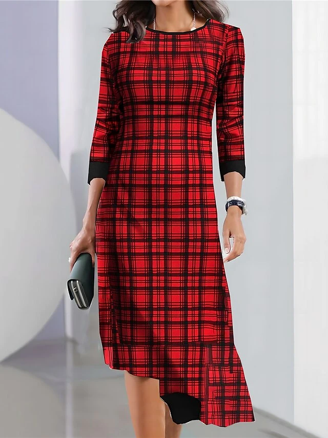 Women's Casual Dress Christmas Dress Print Dress Plaid Print Crew Neck Midi Dress Fashion Streetwear Outdoor Christmas Long Sleeve Slim Wine Red Blue Fall Winter S M L XL XXL 2 Women's Casual Dress Christmas Dress Print Dress Plaid Print Crew Neck Midi Dress Fashion Streetwear Outdoor Christmas Long Sleeve Slim Wine Red Blue Fall Winter S M L XL XXL - Image 2