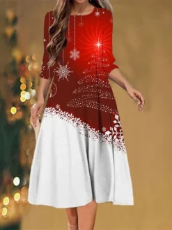 Women's Christmas Casual Dress Shift Dress Midi Dress Wine 3/4 Length Sleeve Snowflake Ruched Winter Fall Autumn Fashion Christmas Daily 2022 S M L XL XXL 3XL