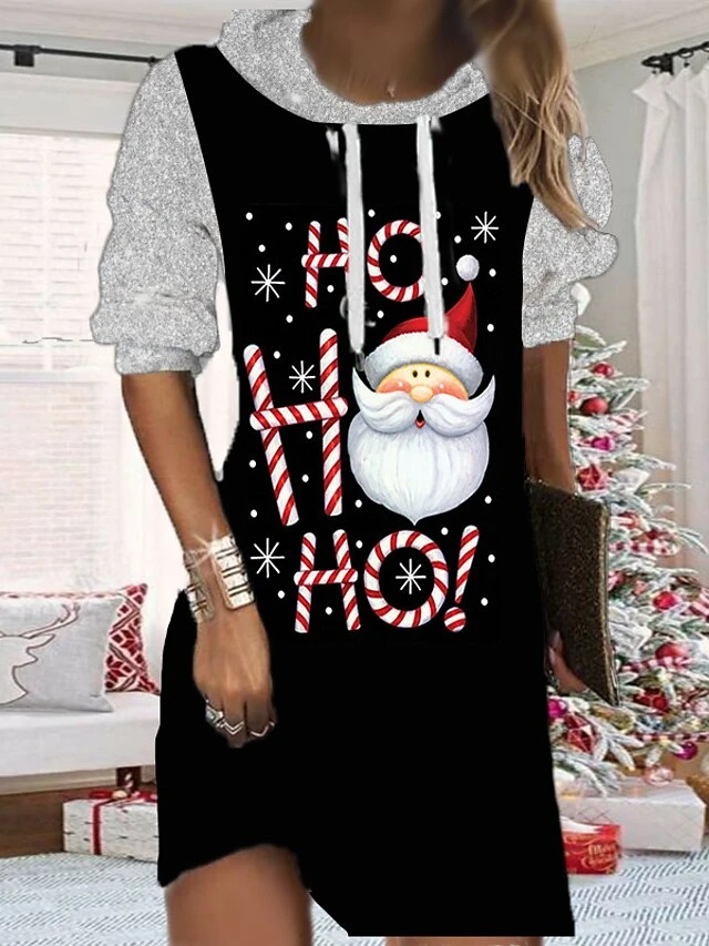 Women's Christmas Hoodie Dress Shift Dress Mini Dress Black Gold Wine Long Sleeve Plaid Print Fall Spring Hooded Fashion Christmas Daily Loose Fit 2022 S M L XL XXL 3XL 2 Women's Christmas Hoodie Dress Shift Dress Mini Dress Black Gold Wine Long Sleeve Plaid Print Fall Spring Hooded Fashion Christmas Daily Loose Fit 2022 S M L XL XXL 3XL - Image 2