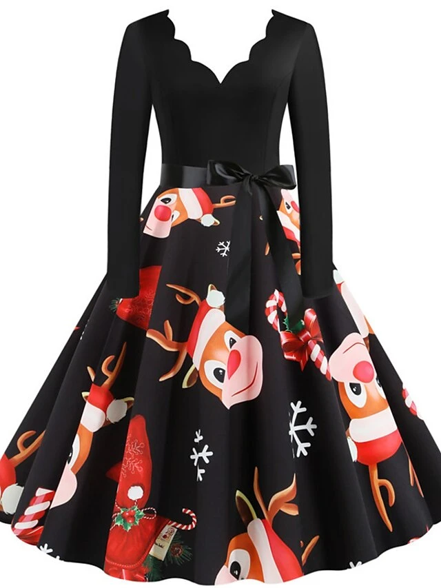 Women's Christmas Knee Length Dress Wine Green Orange Black Red Brown Navy Blue Long Sleeve Print Bow Print Fall Winter V Neck Casual Vintage2021 S M L XL XXL 3XL 1 Women's Christmas Knee Length Dress Wine Green Orange Black Red Brown Navy Blue Long Sleeve Print Bow Print Fall Winter V Neck Casual Vintage2021 S M L XL XXL 3XL