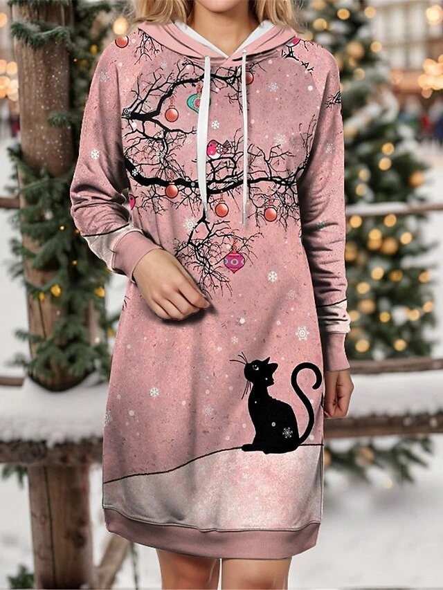 Women's Christmas Dress Hoodie Dress Mini Dress Warm Fashion Outdoor Christmas Holiday Hoodie Print Cat Loose Fit Pink Purple Khaki S M L XL XXL 3 Women's Christmas Dress Hoodie Dress Mini Dress Warm Fashion Outdoor Christmas Holiday Hoodie Print Cat Loose Fit Pink Purple Khaki S M L XL XXL - Image 3