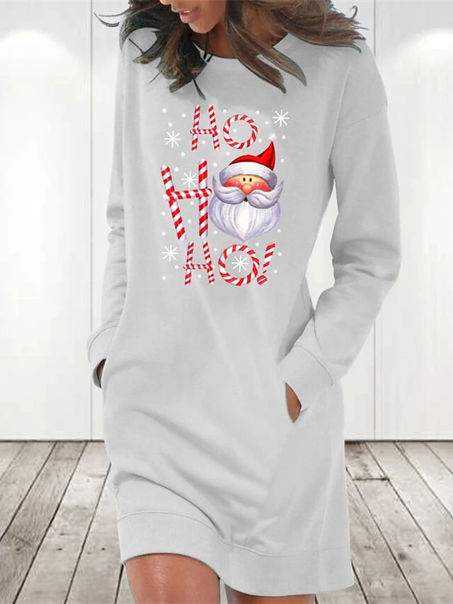 Women‘s Christmas Hoodie Dress Winter Dress Light Blue Grey White Long Sleeve Letter Santa Claus Snowflake Pocket Print Winter Fall Crew Neck Stylish Casual Fall Dress Loose Fit 2022 S M L XL 2XL 3 Women‘s Christmas Hoodie Dress Winter Dress Light Blue Grey White Long Sleeve Letter Santa Claus Snowflake Pocket Print Winter Fall Crew Neck Stylish Casual Fall Dress Loose Fit 2022 S M L XL 2XL - Image 3