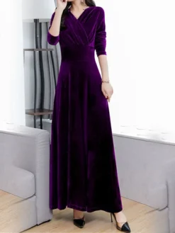 Women's Christmas Dress Velvet Dress Swing Dress Long Dress Maxi Dress Ruched Party Christmas Date Vintage Elegant V Neck Long Sleeve 2023 Regular Fit Black Wine Royal Blue Color M L XL XXL 3XL Size -Fashion Life Shop ilbndi1694507336666