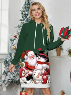 Women's Christmas Dress Hoodie Dress Mini Dress Warm Fashion Outdoor Christmas Holiday Hoodie Print Santa Claus Snowman Loose Fit Wine Green S M L XL XXL